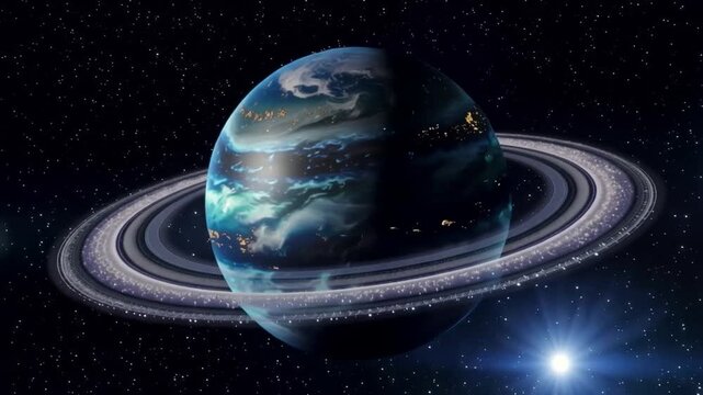 Planet rotates through space with ring system