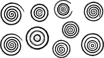 Eight black spiral shapes arranged on a transparent background