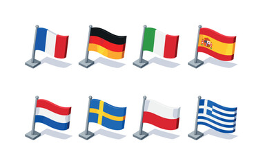 Obraz premium Collection of European country flags waving on poles in isometric 3D style