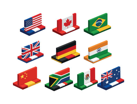 Isometric 3D flags of major world countries on white background