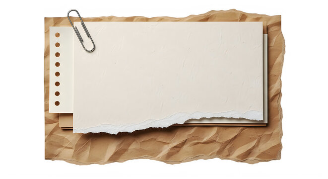 Stacked sheets of textured paper with a metal clip and ripped edges for creative note taking use