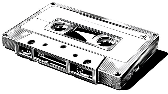 A black and white illustration of a cassette tape. It's angled, casting a shadow