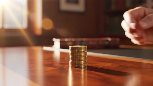 Businessman hand places stack gold coins on polished wooden desk. Scene represents financial growth, wealth accumulation, and investment success. Ideal for banking and finance marketing materials.