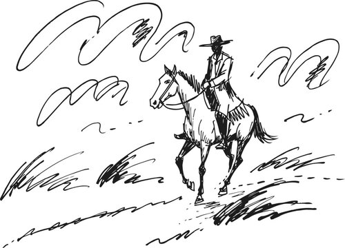 Cowboy riding horse in open field with hat and boots wild west scene sketch drawing