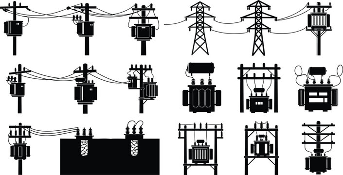 Electric power transformer and transmission tower silhouettes set, utility pole distribution equipment, high voltage electrical grid infrastructure vector illustration collection