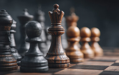 Fototapeta premium A close-up image of wooden chess pieces on a chessboard, focusing on the king surrounded by pawns in sharp detail.