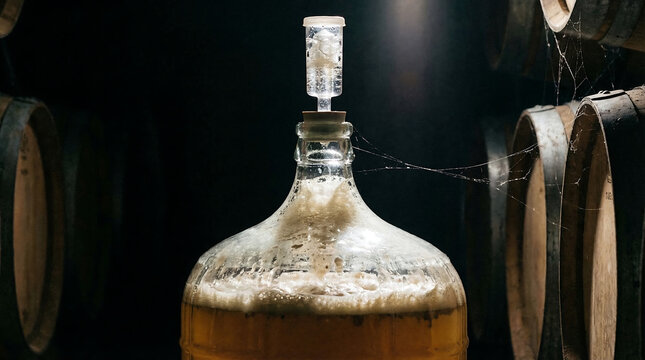 Active Fermentation in a Glass Carboy with Airlock, Showcasing Brewing Process