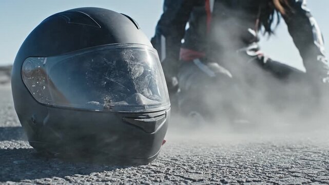 A damaged black helmet lies on asphalt with a rider in the background. The scene conveys the aftermath of a motorcycle crash and the importance of safety. Ideal for road safety campaigns.