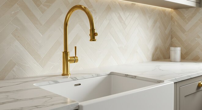 Gleaming Gold Faucet Over White Farmhouse Sink with Herringbone Tile Backsplash.
