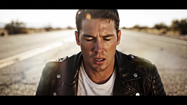 A man in a leather jacket sits on an asphalt road after a motorcycle crash. He looks exhausted and holds a broken helmet. Concept of accident and survival. Ideal for safety or insurance ads.