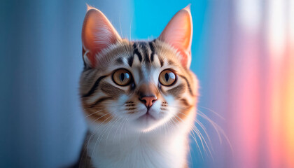 Fototapeta premium A portrait of a young domestic cat, its furry face with expressive eyes, shot close-up against a light background.