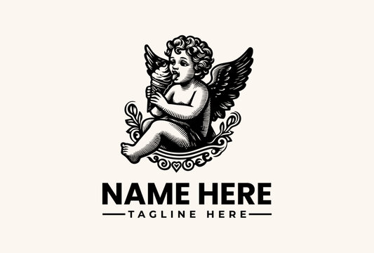 A black and white illustration of a cherub with wings sitting on a decorative scroll with a placeholder text for a name and tagline in a classic, elegant style against a light beige