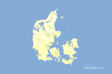 Denmark Map in low poly polygon vector style, geometric shape illustration with soft yellow tones on blue background, clean silhouette for infographic. © Whatever