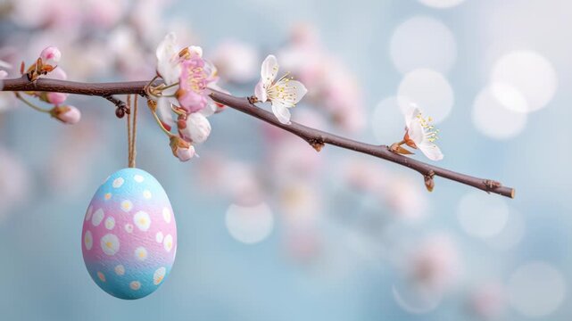 Hanging pastel pink Easter eggs and spring blossom at bokeh light blue turquoise background. Easter banner border. Fresh modern decorative Holiday concept. Apple blossoms budding branch. Tradition