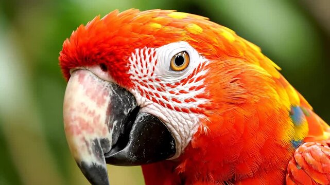 Vibrant red macaw bird showcases colorful feathers and sharp beak up close outdoors