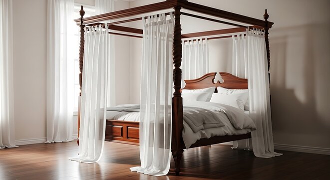 A four-poster bed in rich, dark mahogany, with classically turned posts and a simple canopy frame, dressed in flowing white linen curtains.