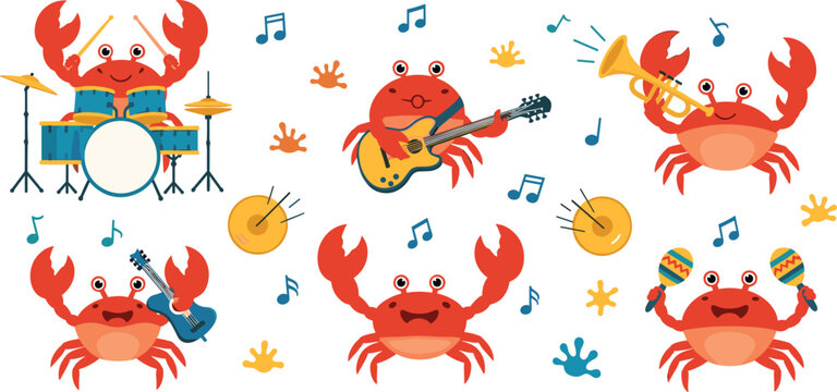 Set of cute crab musician characters, cartoon illustrations of red crabs playing drums, guitar, trumpet and maracas isolated on white background