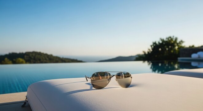 Sunglasses on lounge chair by serene infinity pool overlooking ocean