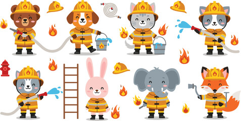 Obraz premium Set of cute firefighter animals, cartoon illustrations of bear, dog, cat, elephant and fox in fire rescue uniform with hose and ladder isolated on white