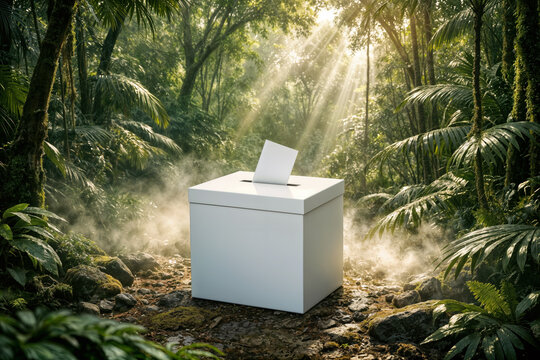 Clean minimal ballot box placed in tropical rainforest with sunlight beams and mist symbolizing democratic choice and political renewal in nature
