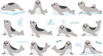 Naklejka premium Cute Seal Cartoon Character Set Featuring Swimming, Sitting, Sliding, and Resting Poses with Ice, Fish, and Ocean Elements in Arctic Wildlife Scene.