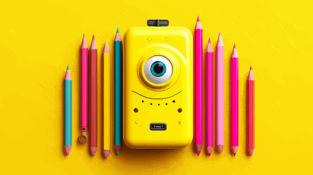 A yellow, cyclopean, rectangular creature with eye, pencils of various colors on a yellow background