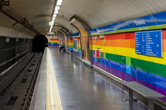 Madrid, Spain - March 25, 2024: Rainbow walls in the Chueca metro station during Gay Pride