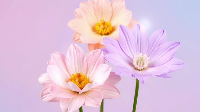 Three delicate pastel flowers blooming in slow motion against a soft gradient background for a natural growth and beauty concept
