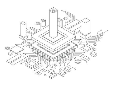 Electronic cpu digital chip monochrome. Processor and electronic components on motherboard or circuit board. Microchip or microprocessor, hardware engineering. AI. Blockchain technology isometric