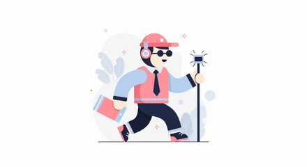 Fototapeta premium Cartoon person running with microphone and bag on white background