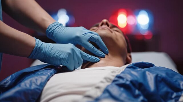 A paramedic in blue gloves checks the pulse of an unconscious man. Emergency lights blur in the background creating an urgent mood. Useful for medical news and safety training.