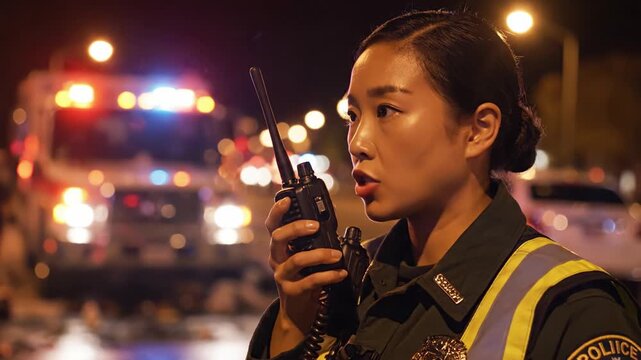Female police officer speaks into handheld radio at night. Blurred emergency vehicle lights suggest an urgent response to a roadside accident. Useful for news reporting and safety awareness.