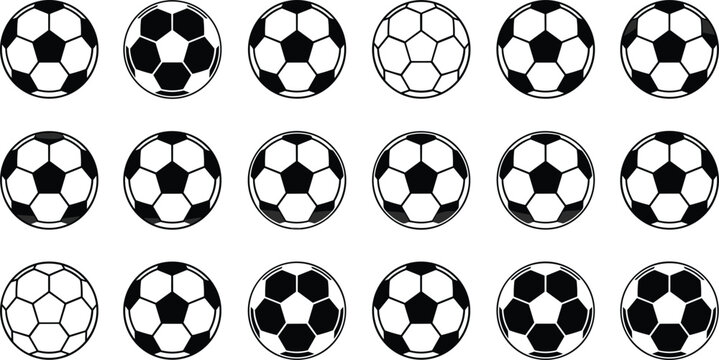 Large set of soccer ball icons featuring various black and white football designs with pentagon patterns for sports competition, athletic training, and championship tournament branding.