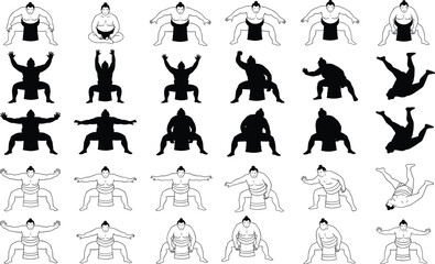 Fototapeta premium Traditional Japanese Sumo Wrestler Vector Collection Featuring Silhouettes and Line Art Poses of Riishi Athletes Squatting, Wrestling, and Exercising for Sports Culture and Martial Arts.