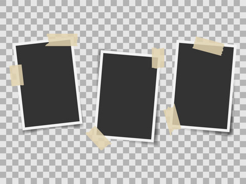 Three Blank photo portrait frames with adhesive tape corners. Minimal collage aesthetic, natural paper texture, isolated vector elements for album design and creative photo compositions