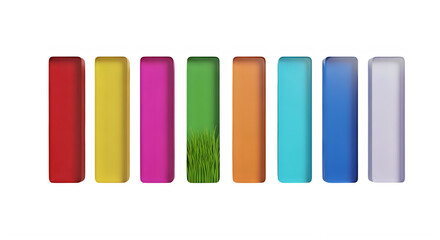 Fototapeta premium A series of eight colorful vertical rectangular bars with one containing a small patch of grass