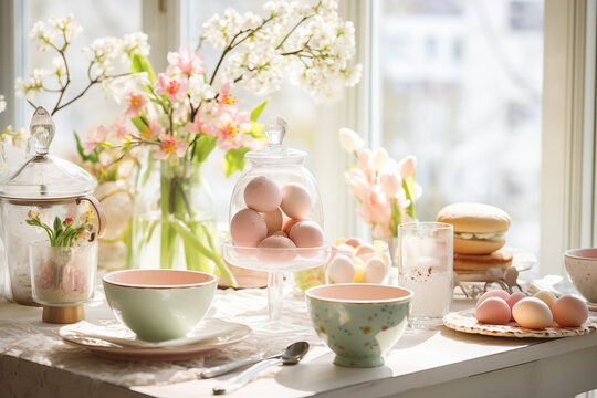 bright spring breakfast table near sunny window with flowers, cups and pastel eggs under glass dome, cozy home interior creating warm seasonal atmosphere for easter celebration