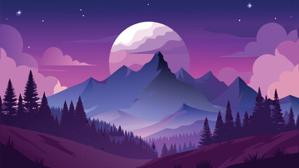 A serene night landscape featuring a large glowing moon rising over jagged purple mountain peaks