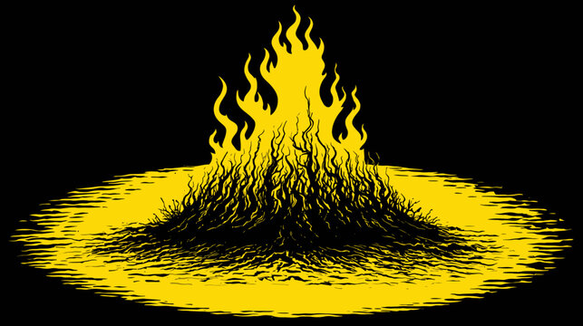 A burning bonfire silhouette is depicted in yellow against a black backdrop