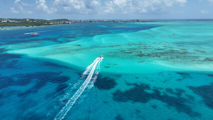 Aquarium Bay In San Andres Providencia Y Santa Catalina Colombia. Aerial View Of Stunning Beach With Crystal Clear Waters. Paradise Skyline Grateful Vibrant. Paradise Sea. © bydronevideos