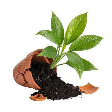 Plant in broken pot isolated on transparent background
