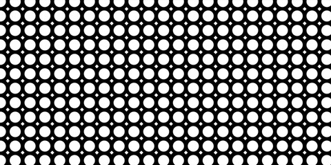 Abstract seamless geometric pattern featuring white circular dots arranged in a repeating grid on a black background.