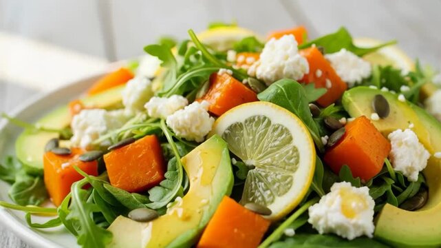 Fresh avocado and roasted squash salad with arugula, lemon and ricotta on a rustic wooden table bright closeup of a healthy, colorful vegetarian meal garnished with seeds