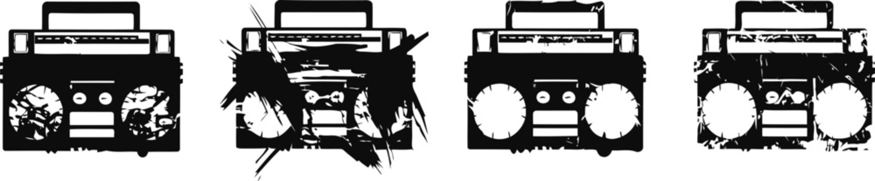 Retro boombox music player with cassette tape and radio tuner in vintage illustration