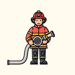 A cartoon firefighter in a red uniform and helmet holding a hose, ready to fight a fire. Illustration stands upright