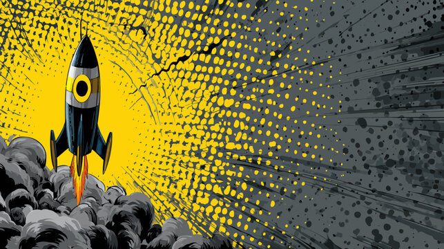 A retro-style, comic-book panel depicting a rocket ship blasting off. Explosions. Color scheme yellow, black, & grey