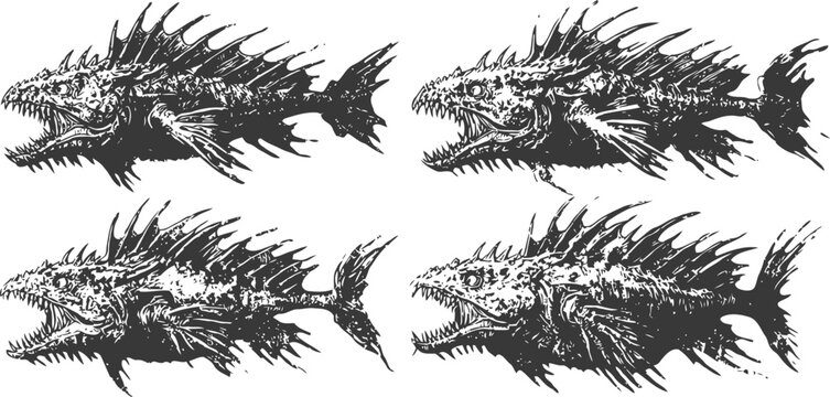 Four detailed sea dragon sketches with spiky fins and sharp teeth in vintage engraving