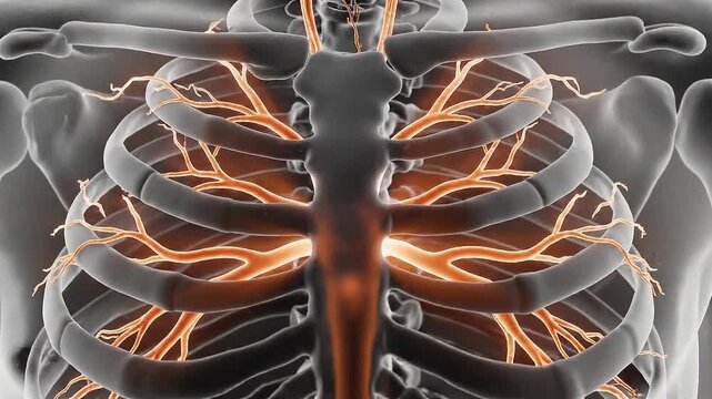 A video showing a detailed view of the human ribcage and lungs