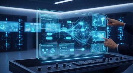 Fototapeta premium Futuristic hologram interface displaying complex data, hands interacting with glowing digital screens in a modern server room.