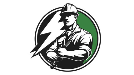 Obraz premium A muscular man with a hard hat, arms crossed, holds a lightbulb, a lightning bolt and a green circle